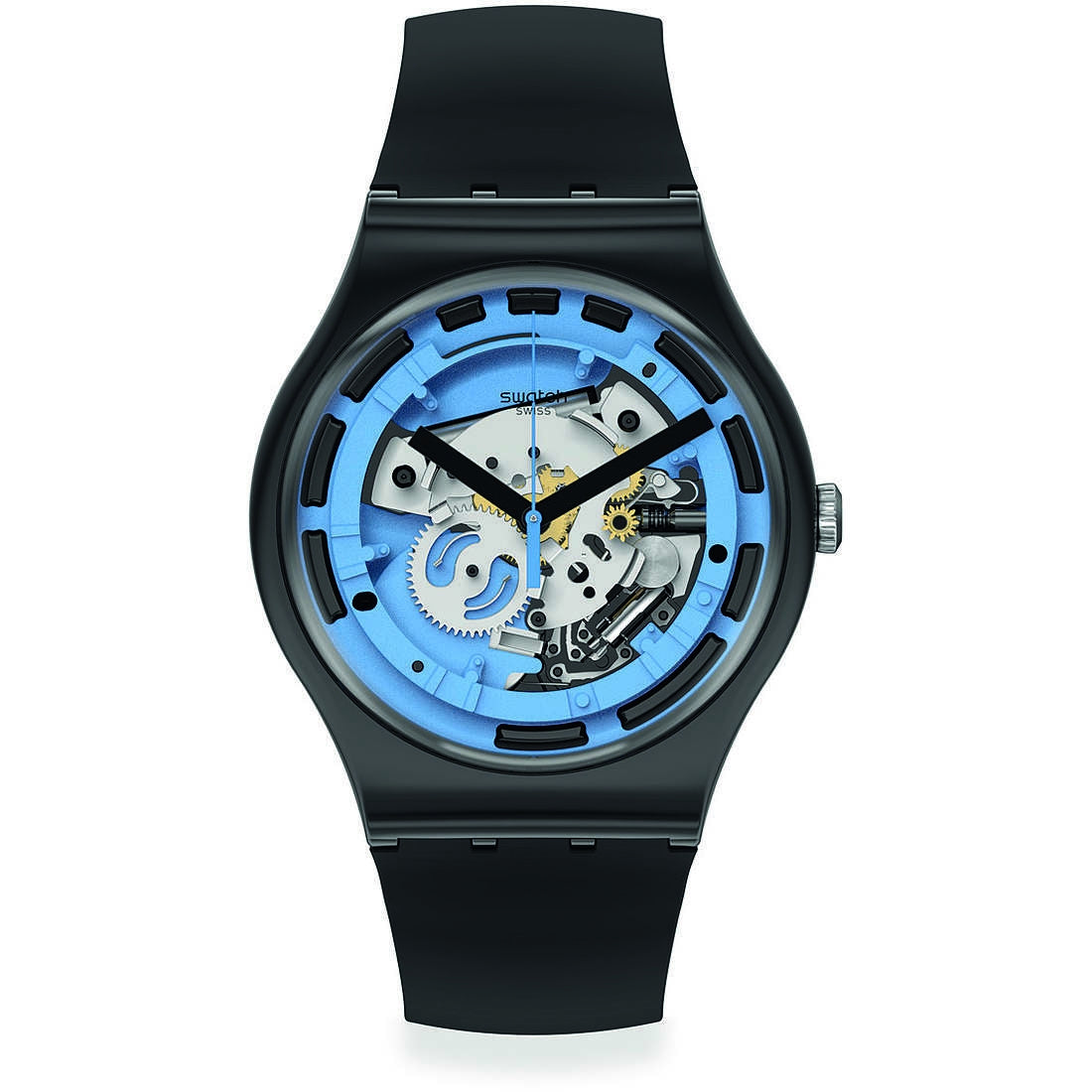 Orologio Uomo Swatch Quarzo Solo Tempo Silicone Nero Scheletrico Blu