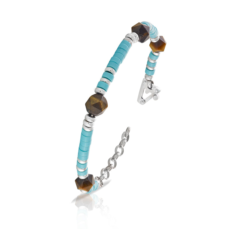 Bracciale in argento 925% Turchese, Occhio di tigre e sulla chiusura diamante nero