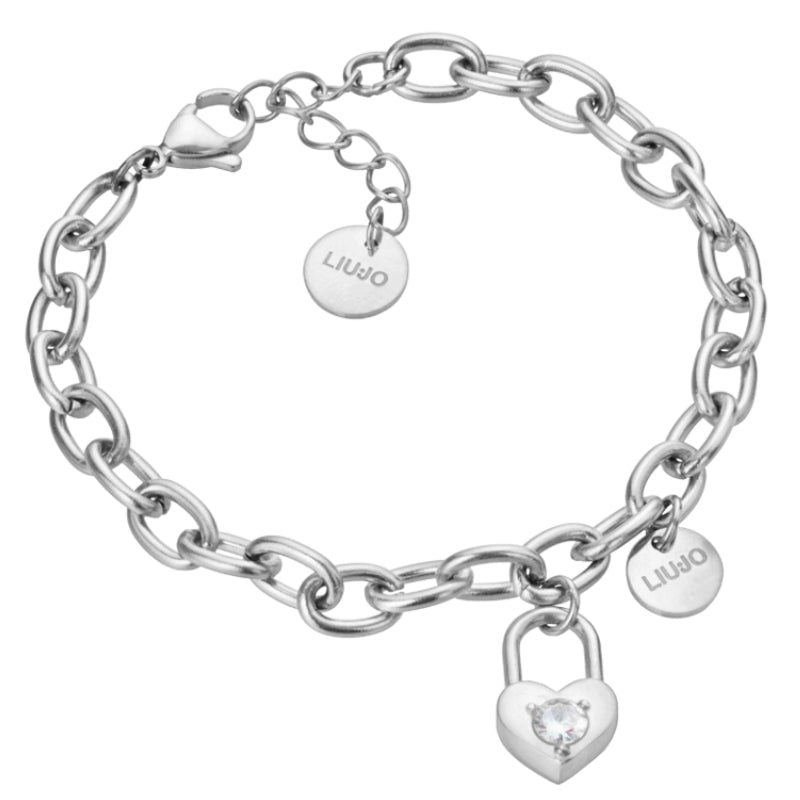 Bracciale Donna Liu Jo Acciaio Catena Ovale Lucchetto Cuore Zircone Bianco LJ2135
