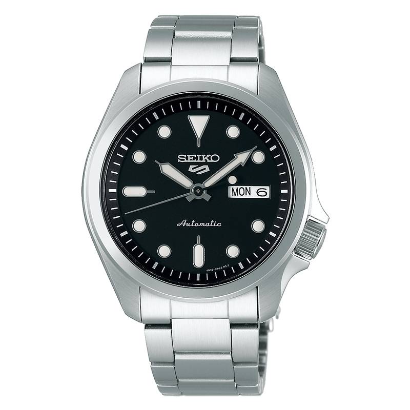 Orologio Uomo Seiko 5 Automatico Doppia Data Quadrante Nero Acciaio SRPE55K1