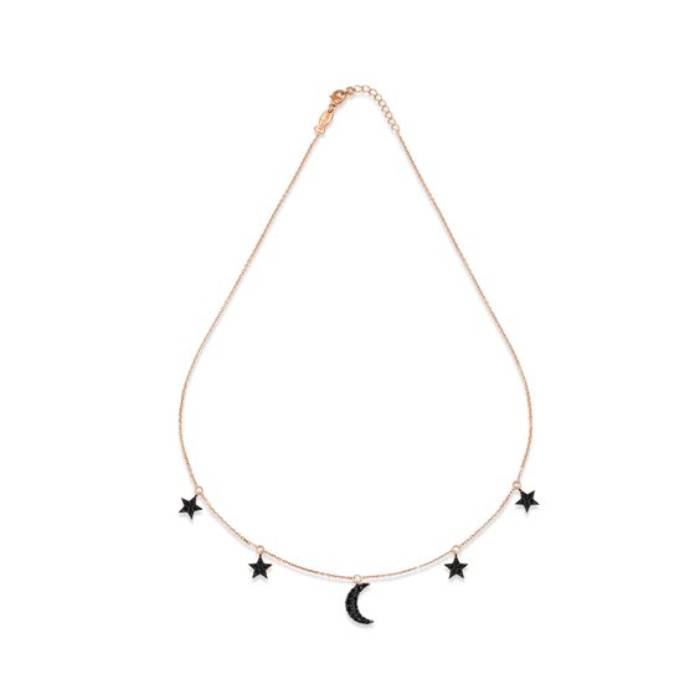 Collana Donna Kurshuni Argento 925 dorato luna e stelle Zirconi Neri KQ423A-2AYG