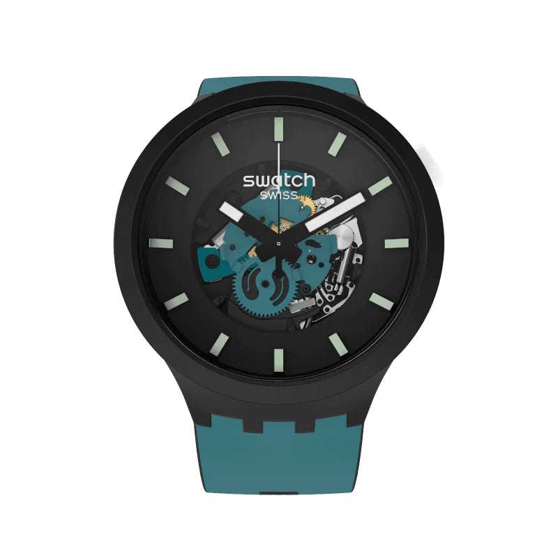 Orologio Uomo Swatch Bioceramica Quarzo Solo Tempo Petrolio Scheletrato SB03B107