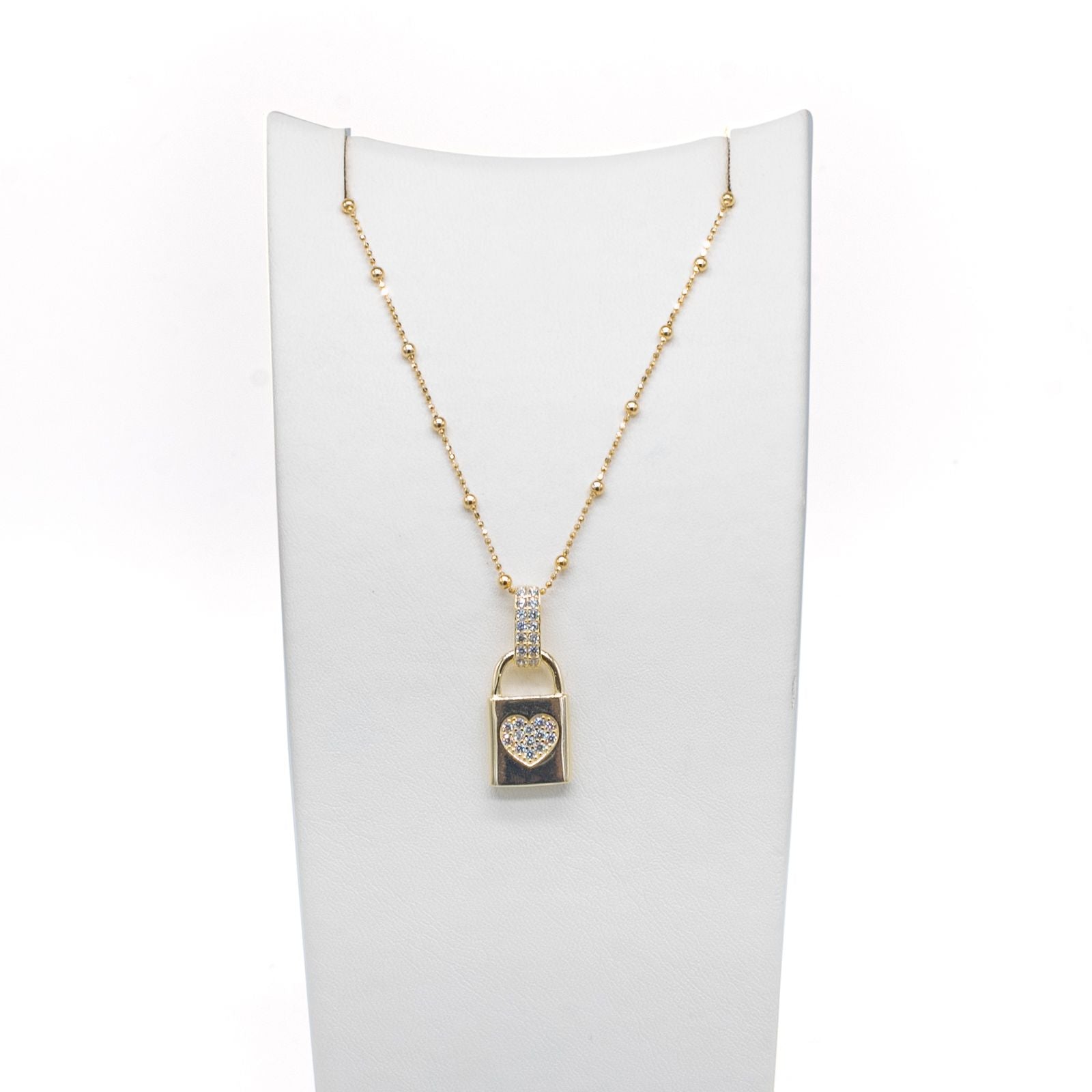 Collana Donna Re Mida Argento 925 Dorato Con Ciondolo Lucchetto Cuore Zirconi Bianchi C010