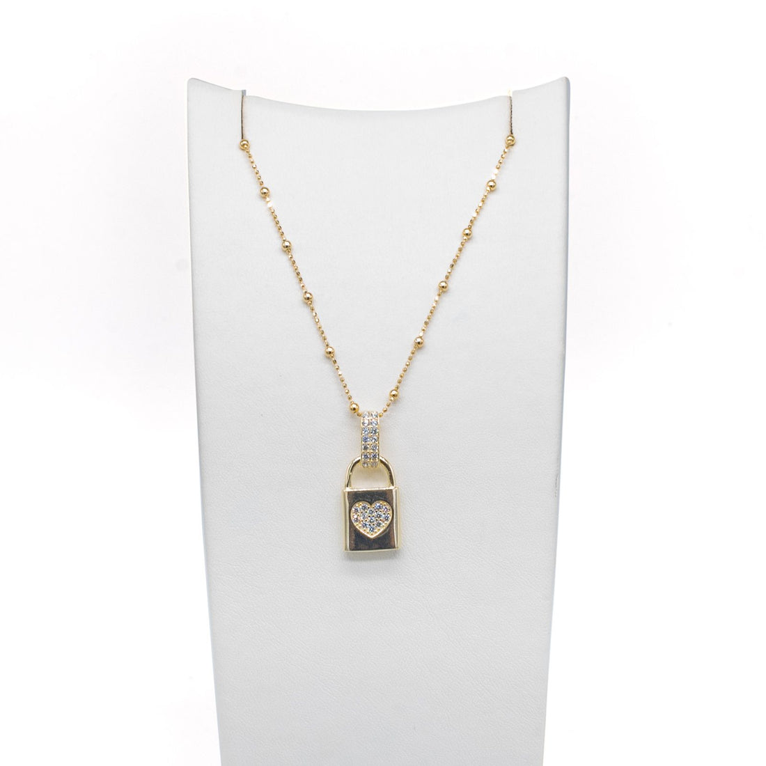 Collana Donna Re Mida Argento 925 Dorato Con Ciondolo Lucchetto Cuore Zirconi Bianchi C010