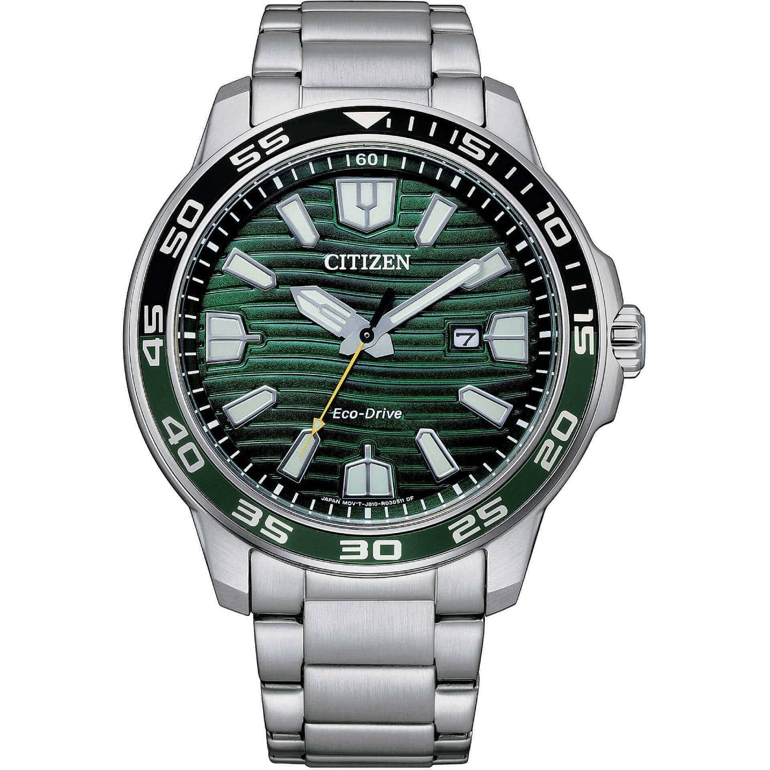 Orologio Uomo Acciaio CITIZEN 45mm Eco drive Verde Nero Solo Tempo Data Quarzo