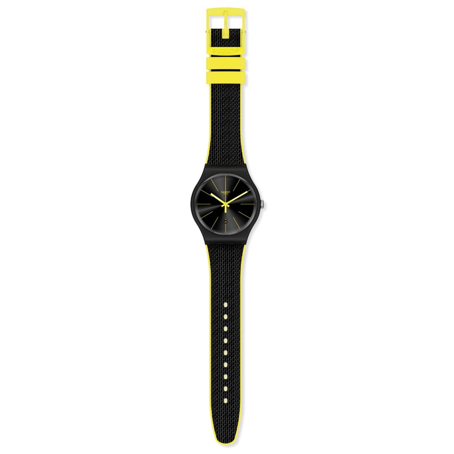 Orologio Uomo Gomma Resina Swatch Quarzo Solo Tempo Data Nero Giallo SUOB406