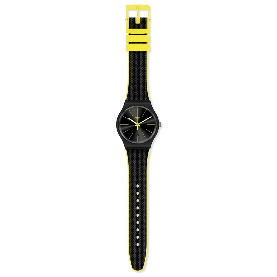 Orologio Uomo Gomma Resina Swatch Quarzo Solo Tempo Data Nero Giallo SUOB406