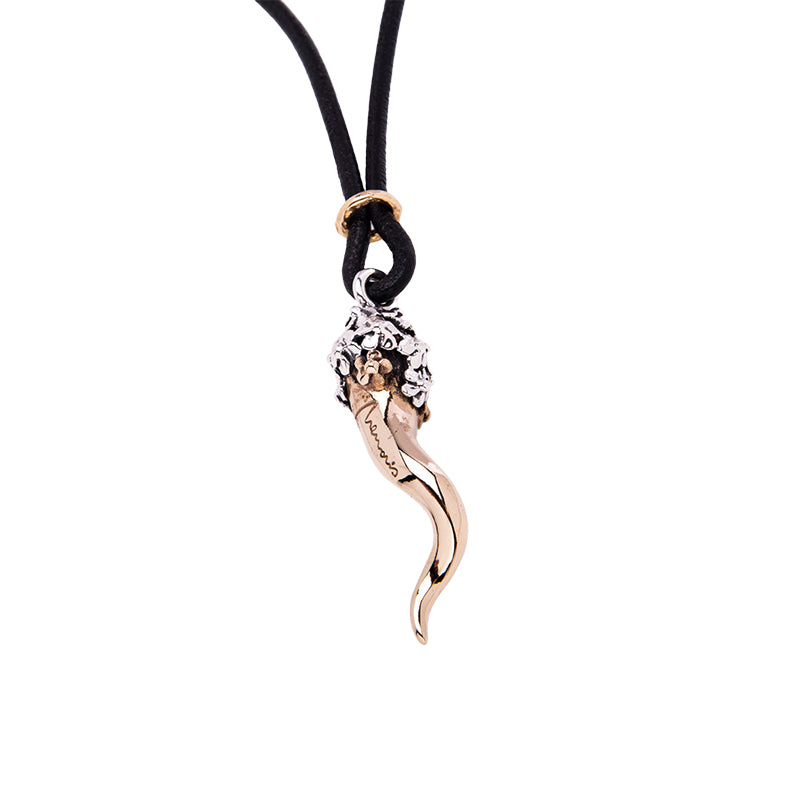 Ciondolo Donna Nemoris Argento 925 Bronzo Rosè Corno Fiorito Laccio Cuoio BCF21