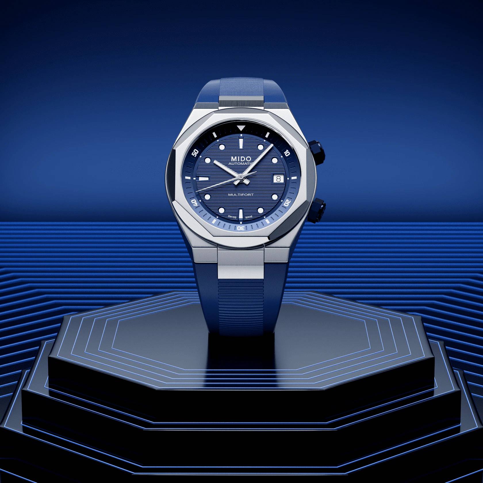 Orologio Uomo Mido Automatico Multifort 8 Due Corone Gomma Blu M0475071704100