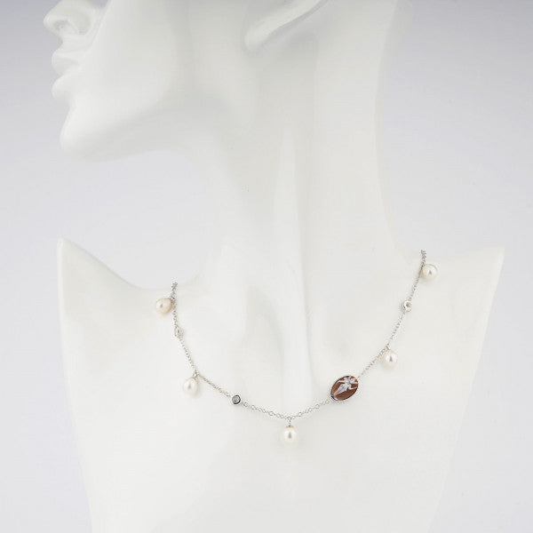 Collana Donna Cameo Italiano Argento Dorato 925 Girocollo Perle Bianche C4S-B
