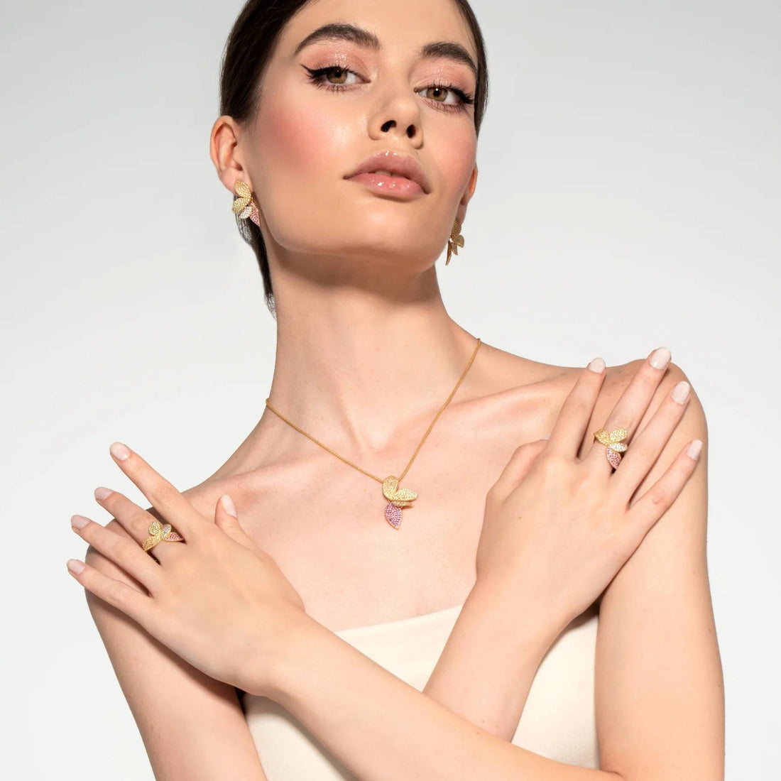Collana Donna Argento 925 Dorato Petali Fiore Zirconi Gialli Rosa CL087GM