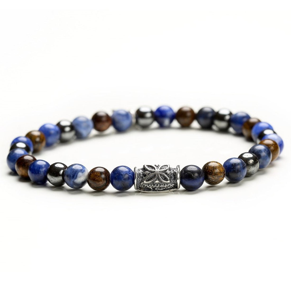 Bracciale Unisex Gerba Argento 925 Elastico Pietre Occhio di Tigre Blu COD.245