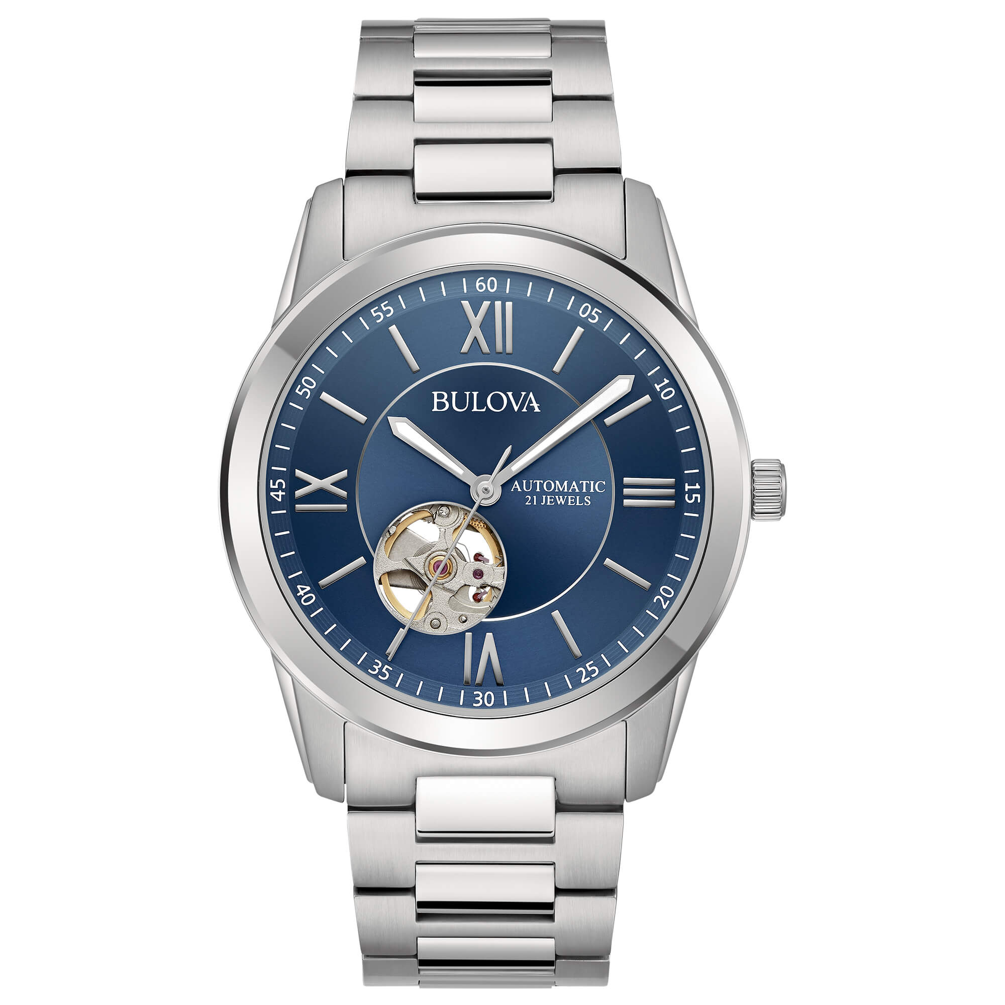 Orologio Uomo Bulova Automatico Numeri Romani Acciaio Blu Open Heart 96A281