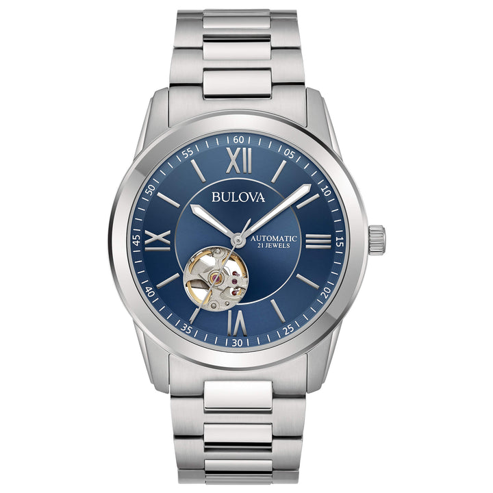 Orologio Uomo Bulova Automatico Numeri Romani Acciaio Blu Open Heart 96A281