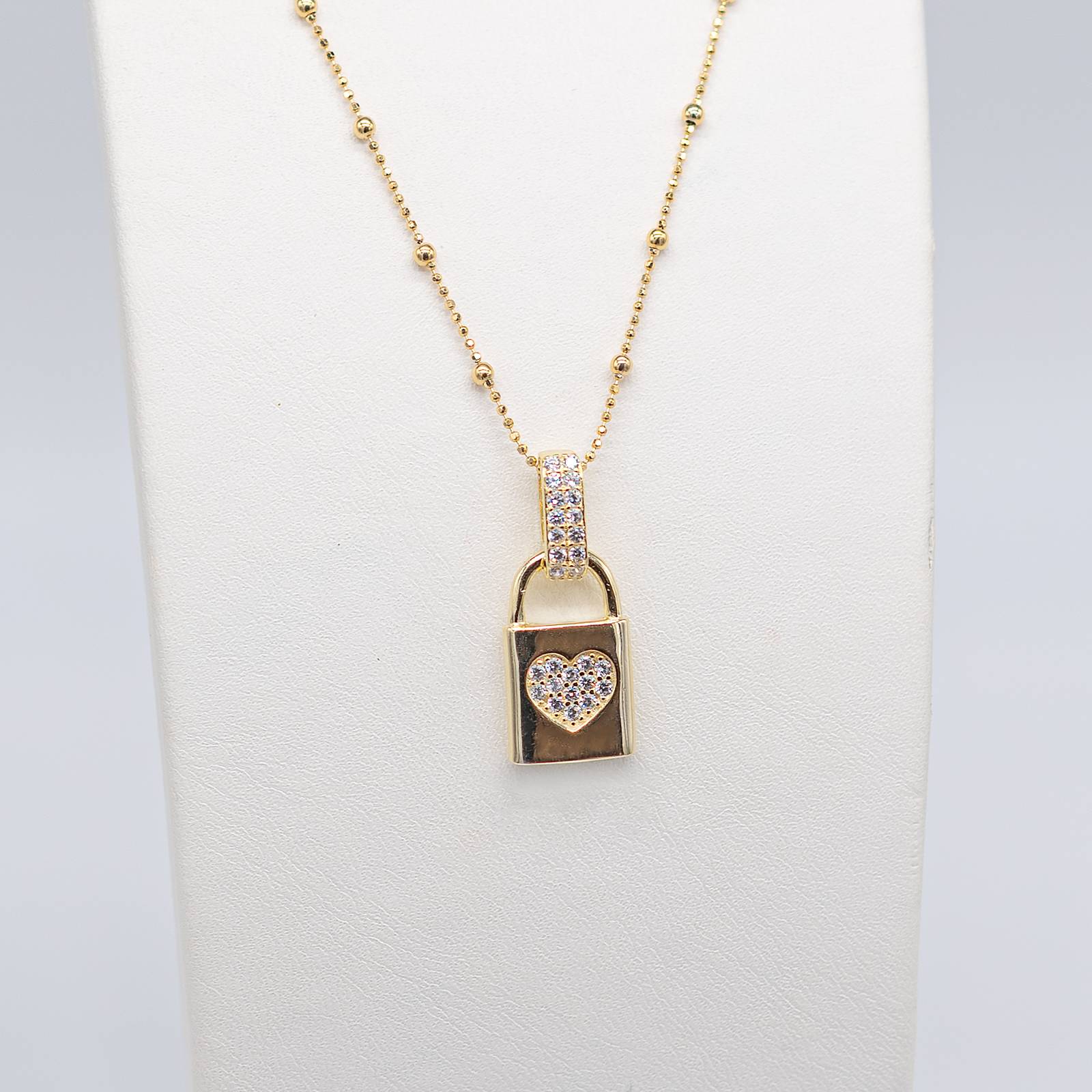 Collana Donna Re Mida Argento 925 Dorato Con Ciondolo Lucchetto Cuore Zirconi Bianchi C010