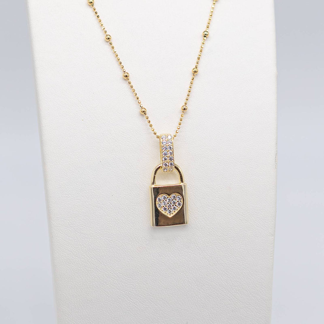 Collana Donna Re Mida Argento 925 Dorato Con Ciondolo Lucchetto Cuore Zirconi Bianchi C010