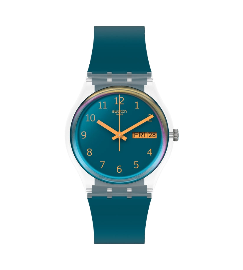 Orologio Uomo Bambino Swatch Quarzo Solo Tempo Numeri Blu Petrolio GE721