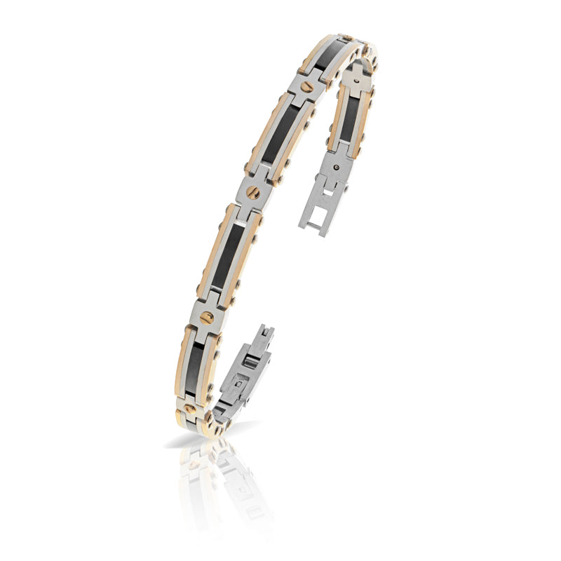 Bracciale Uomo Arkano Semirigido Acciaio Bicolore Smalto Nero Viti BAC126NR