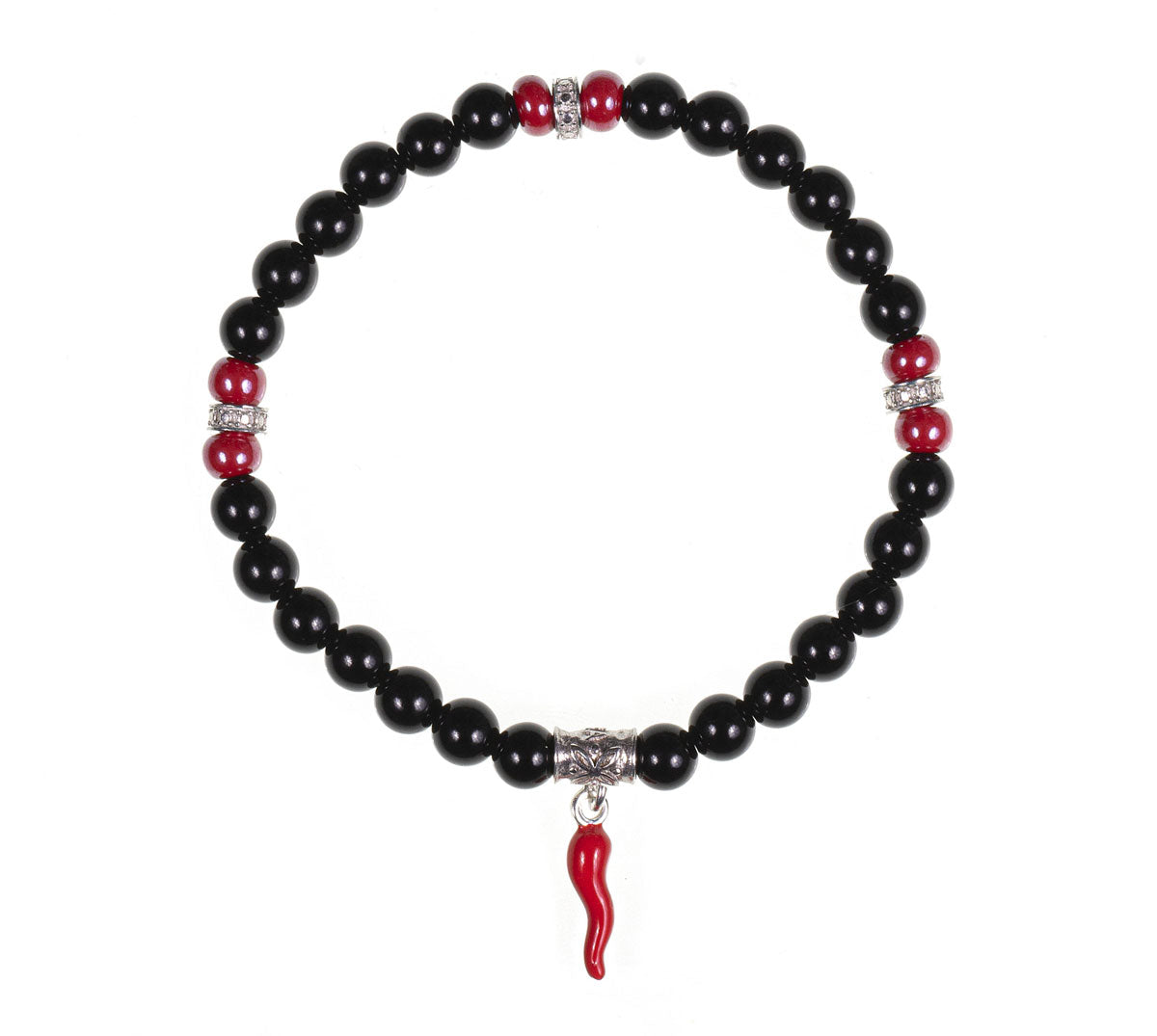Bracciale Unisex Gerba Argento 925 Pietra Naturali Nere Lucide Corno Rosso HORN13