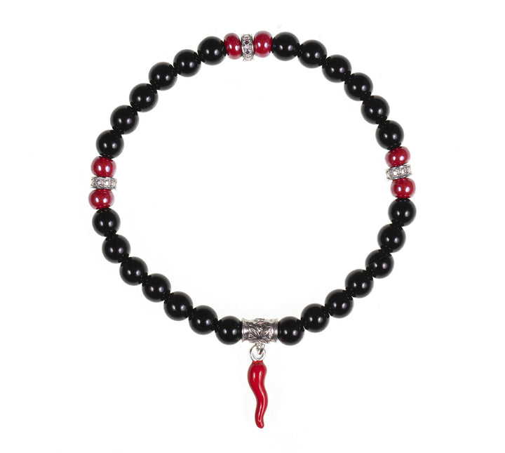 Bracciale Unisex Gerba Argento 925 Pietra Naturali Nere Lucide Corno Rosso HORN13