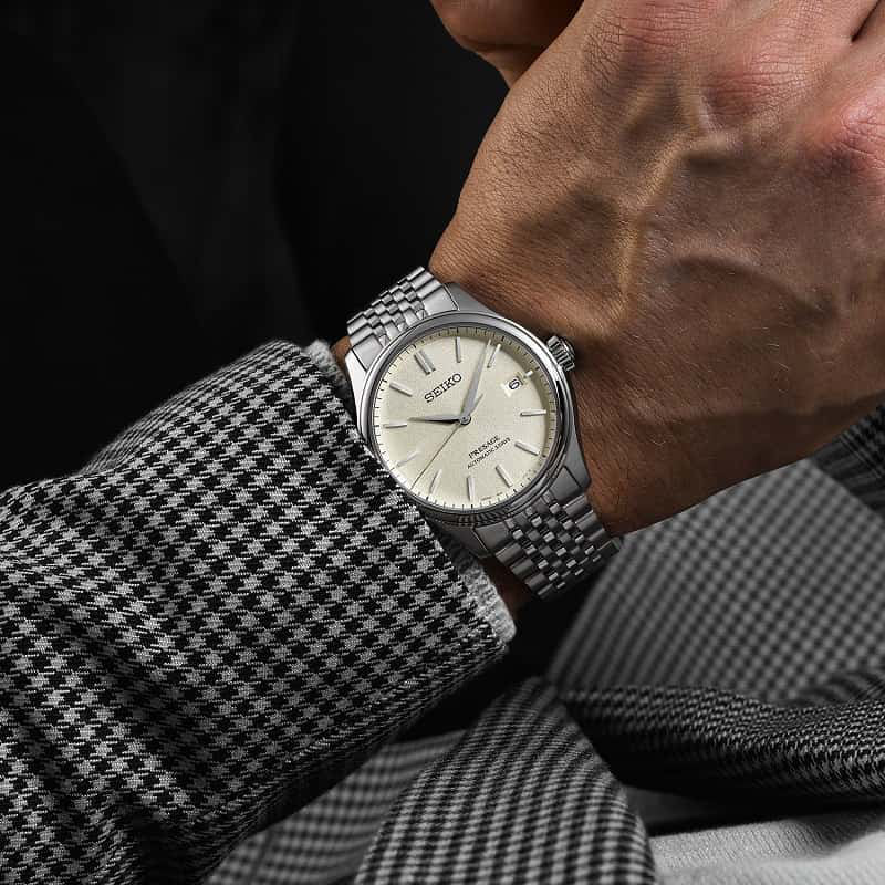 Orologio Uomo Seiko Presage Automatico Bianco Crema Seta Acciaio Data SPB463J1
