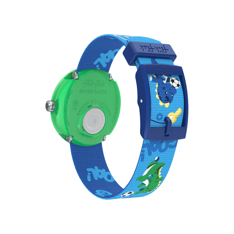 Orologio Bambino Swatch Flik Flak Soccerozaurus Quarzo Solo Tempo Azzurro ZFBNP209