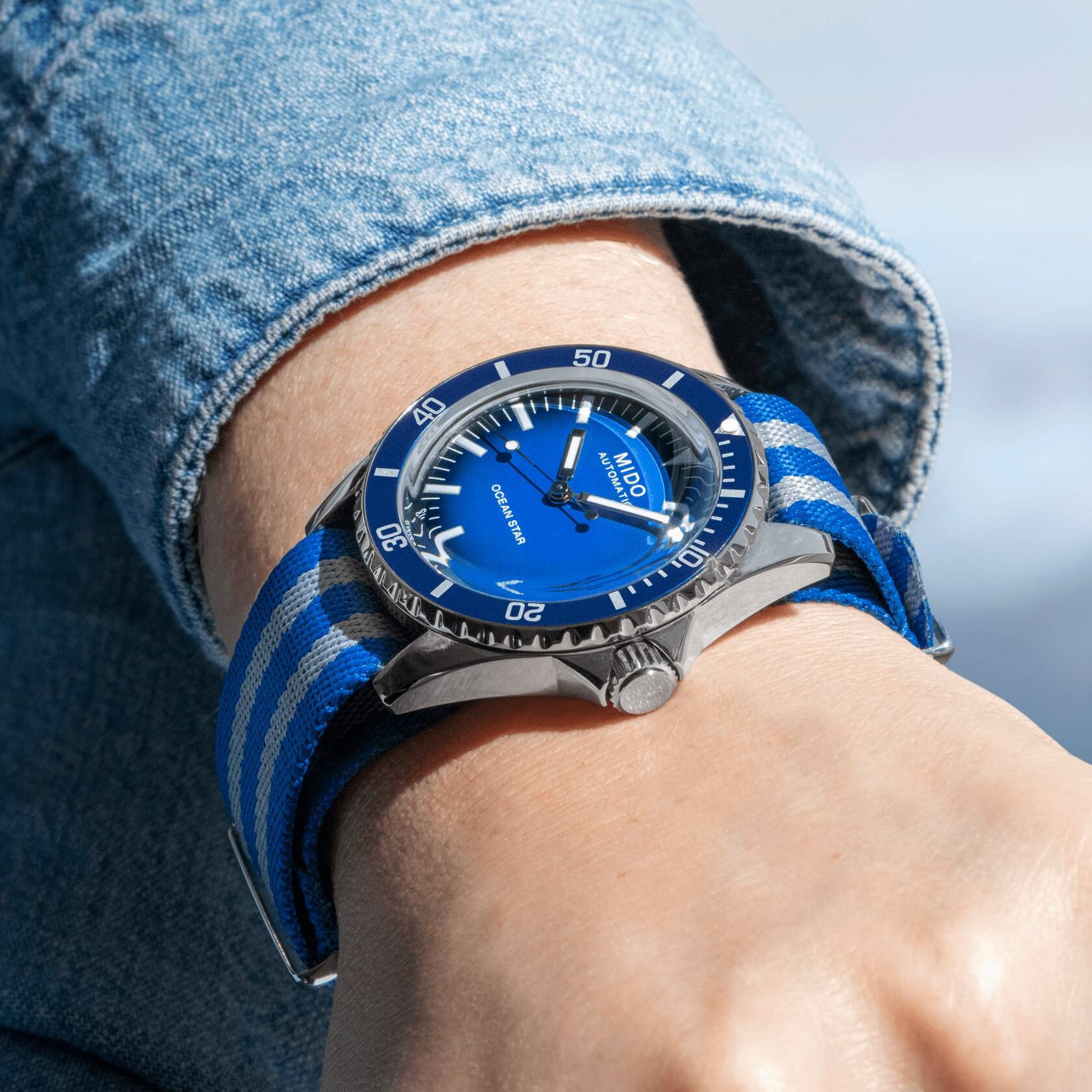 Orologio Uomo Mido Acciaio Automatico Data Cinturino Tessuto Blu M0268071104100