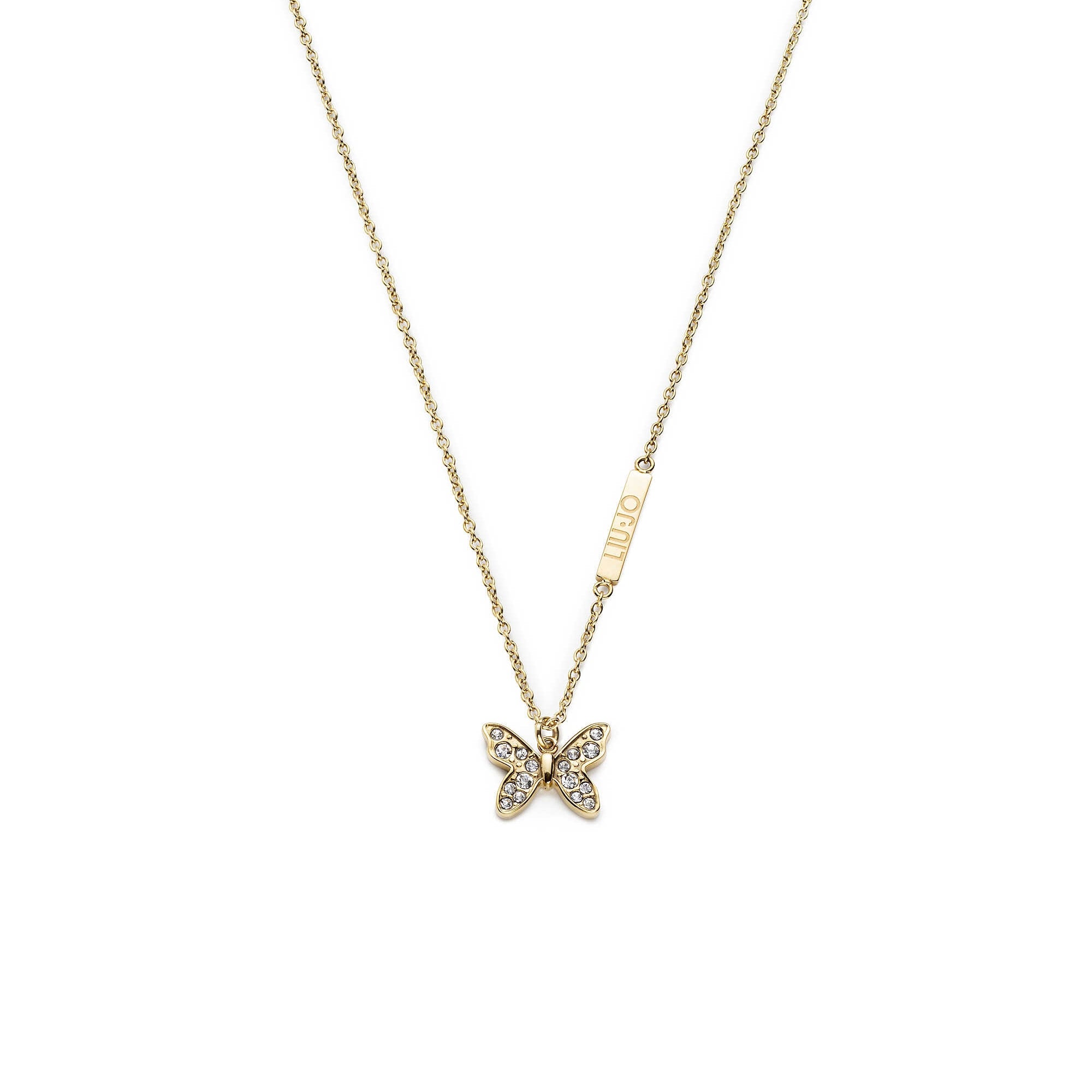 Collana Donna Liu Jo Acciaio Dorato Girocollo Farfalla Zirconi Targhetta LJ1877