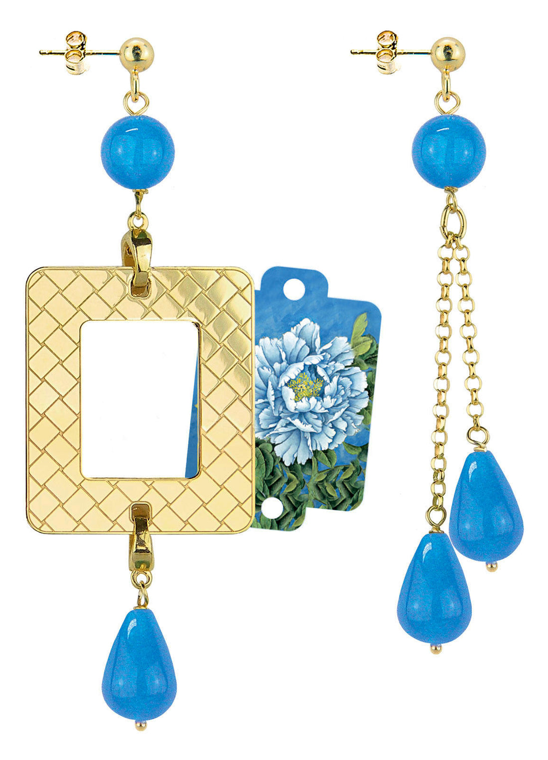Orecchini Donna Lebole Argento 925 Dorato Cornice Peonia Azzurra OR.94