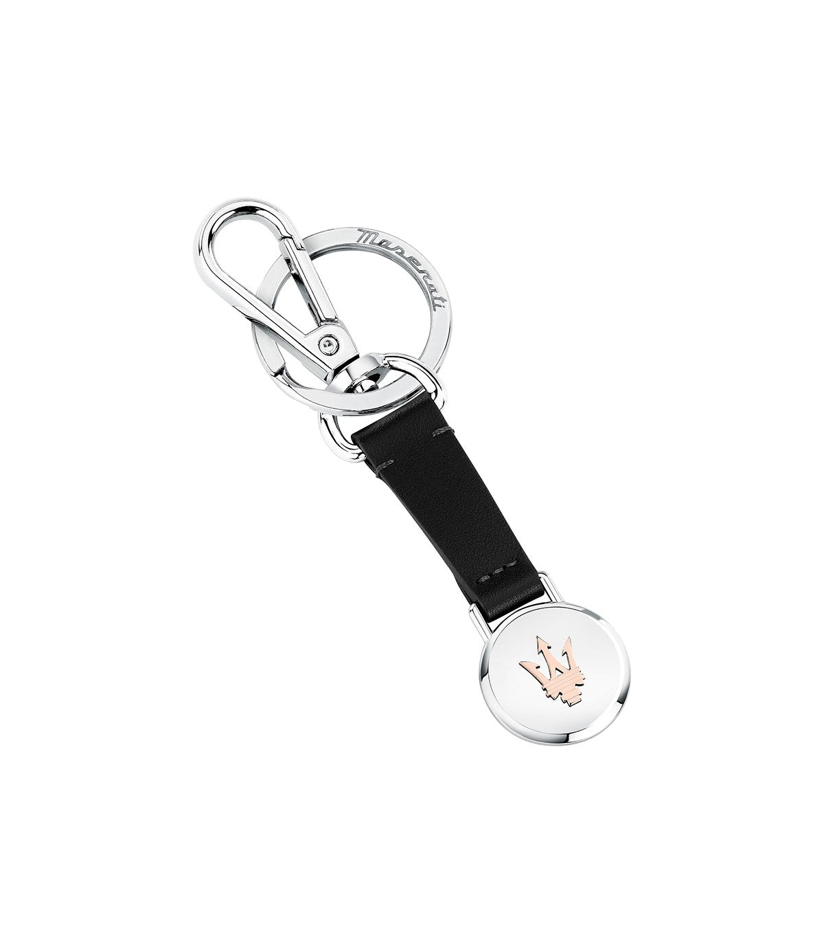 Portachiavi Uomo Maserati Acciaio Lucido Pelle Nera Rigenerata Logo pvd rosè KMU5240101