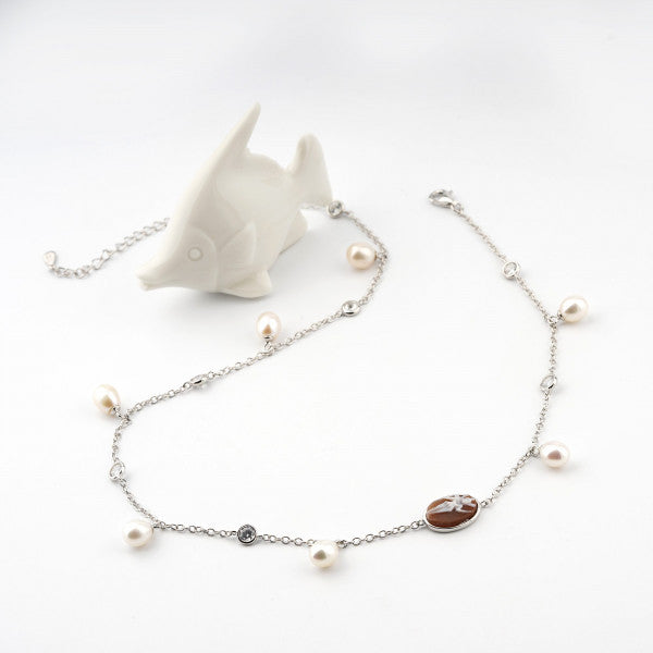 Collana Donna Cameo Italiano Argento Dorato 925 Girocollo Perle Bianche C4S-B