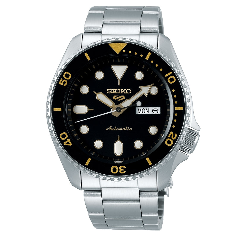 Orologio Uomo Seiko 5 Automatico Nero Dorato Acciaio Doppia Data SRPD57K1