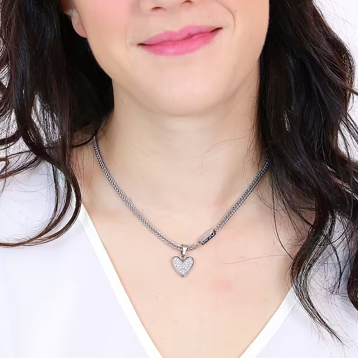 Collana Donna Liu Jo Acciaio Catena Intrecciata Spigata Cuore Zirconi Bianchi LJ1841