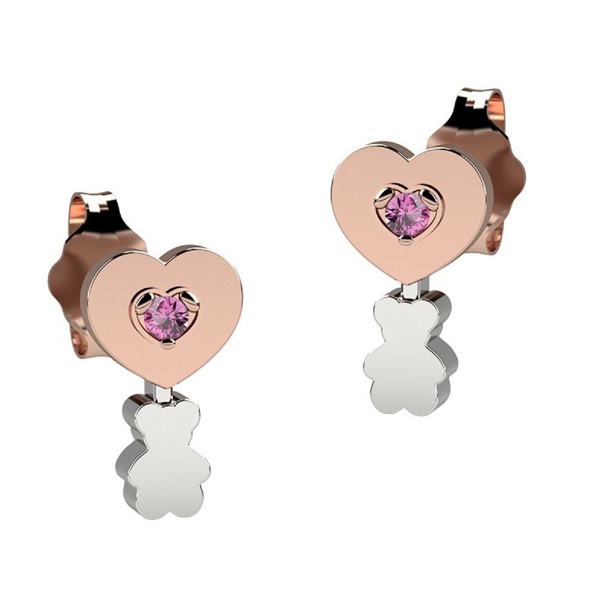Orecchini Bambina Nanàn Argento Rosè 925 Orsetto Cuore Zircone Rosa NAN0204