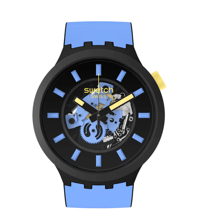Orologio Uomo Swatch Quarzo Solo Tempo Bioceramic Scheletrato Azzurro SB03B108