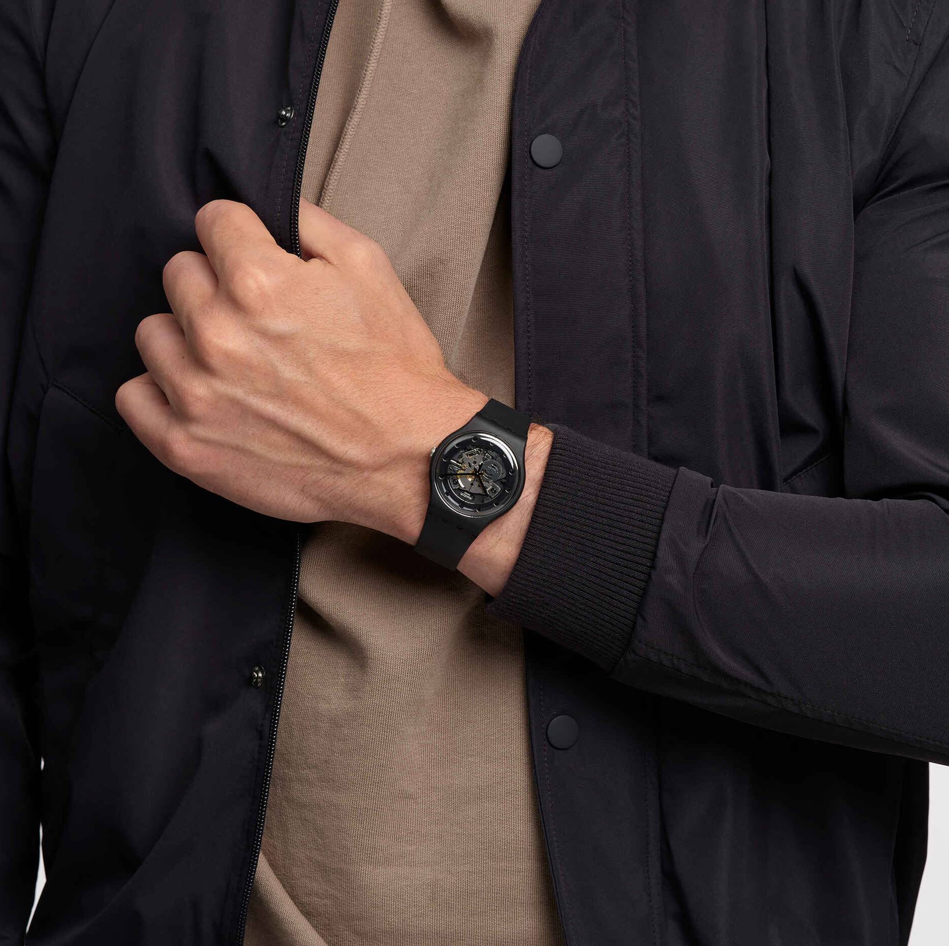 Orologio Uomo Swatch Quarzo Solo Tempo Silver Glam Scheletrato Nero SO29B109