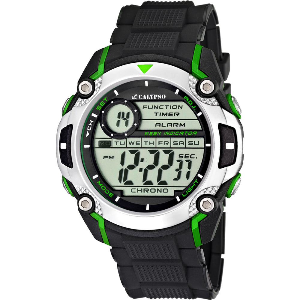 Orologio Uomo Calypso Gomma Quarzo Digitale Cronografo Verde Nero K5577/3