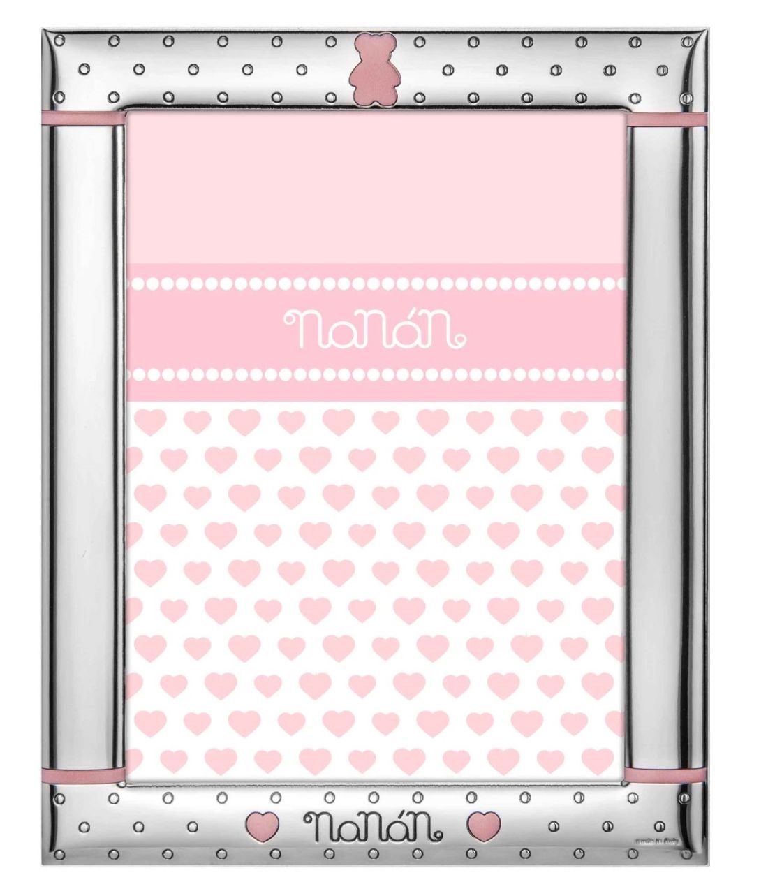 Cornice Bambina Nanan Laminato Argento Orsetto Cuori Smalto Rosa 13x9 cm NCO0018