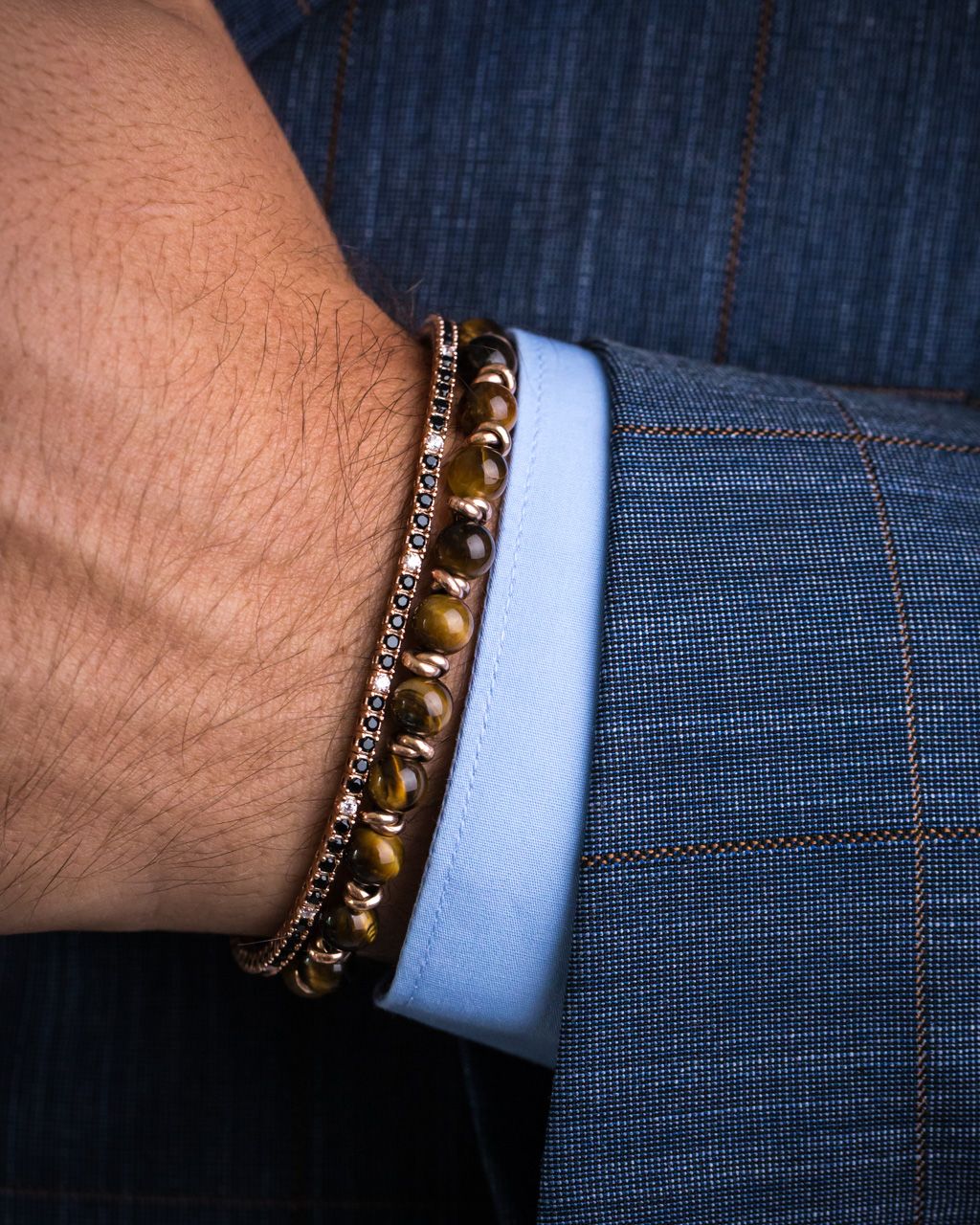 Bracciale Uomo Arkano Biglie Occhio Di Tigre Argento 925 Rosè Diamante Nero ABRE9