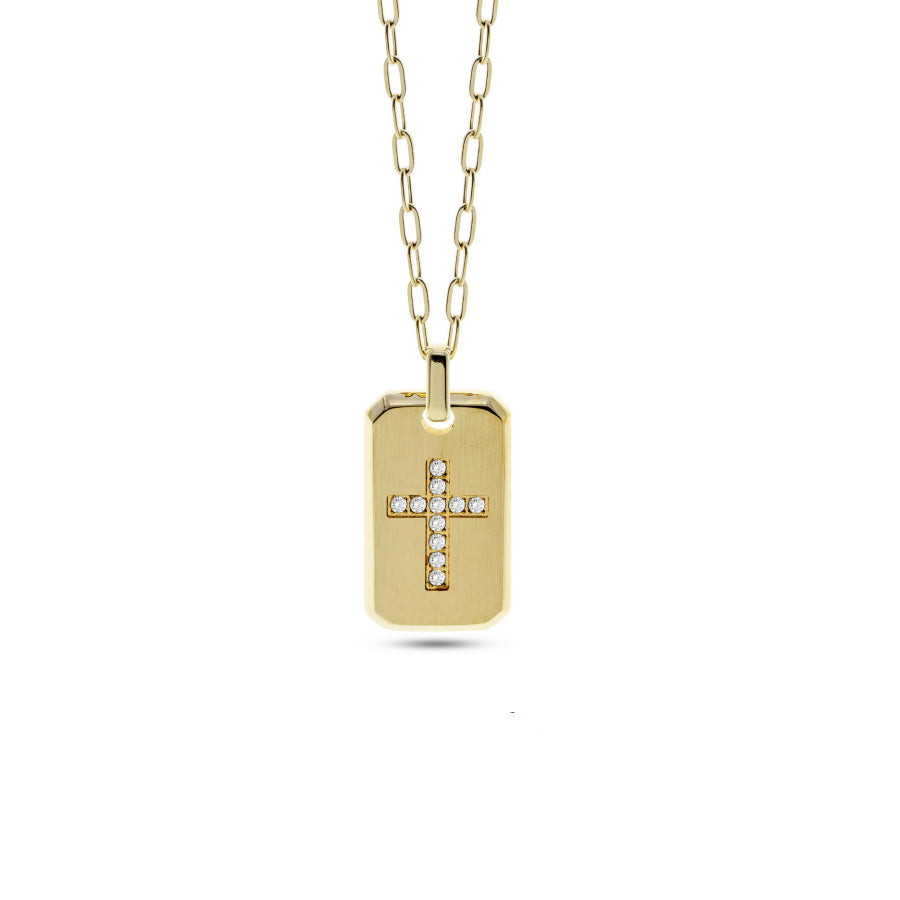 Collana Uomo Liu Jo Acciaio Dorato Targhetta Croce Zirconi Bianchi MLJ453