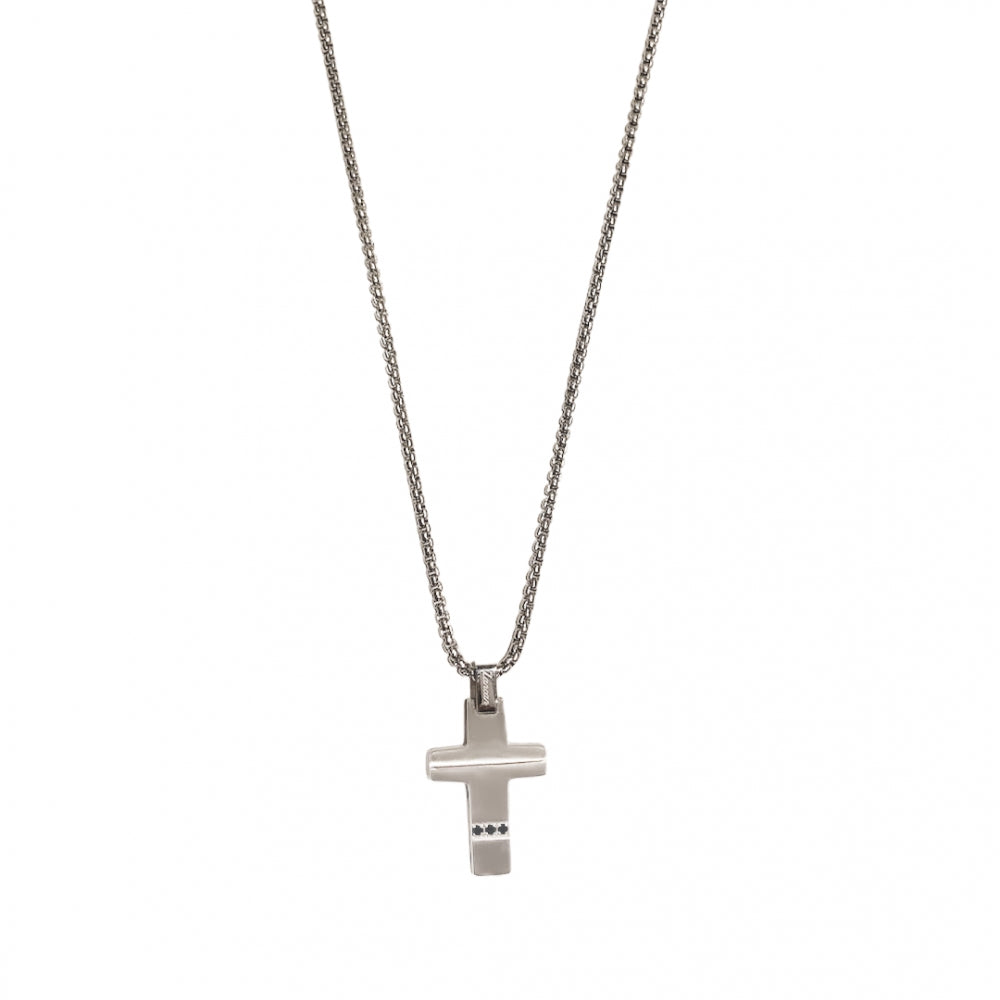 Collana Uomo Zancan Acciaio Croce Pendente Zirconi Neri EHC177