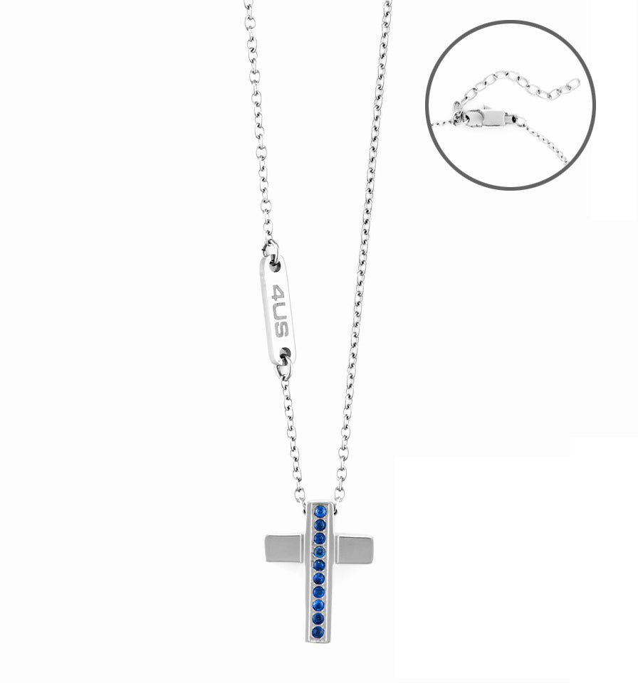Collana Uomo 4US Cesare Paciotti Rollò Croce Acciaio Lucido Zirconi Blu 4UCL6133