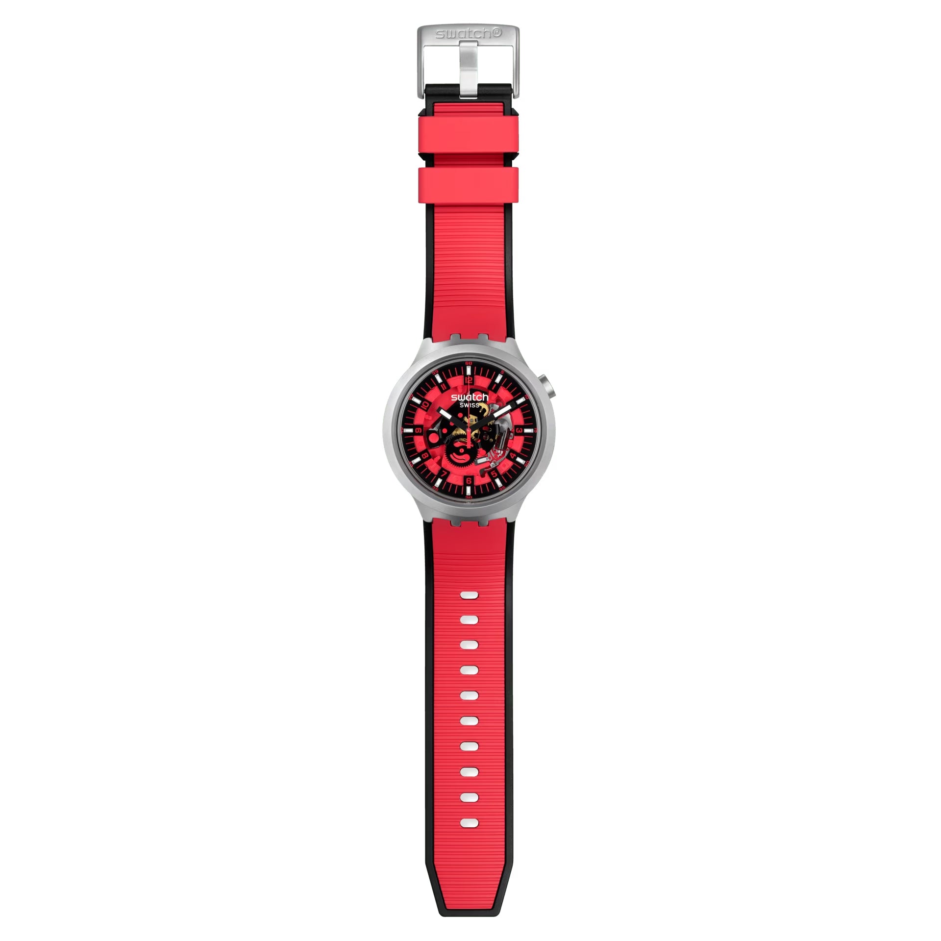 Orologio Uomo Swatch Acciaio Big Bold Red Juicy Gomma Quarzo Scheletrato SB07S110