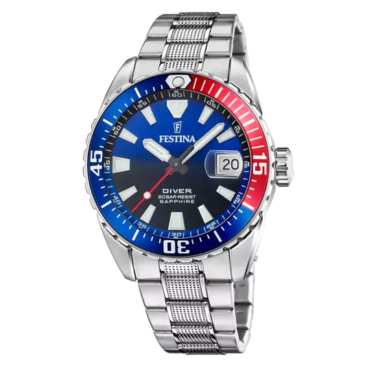 Orologio Uomo Festina Diver Acciaio Quarzo Solo Tempo Data Ghiera Blu Rosso F20669/4
