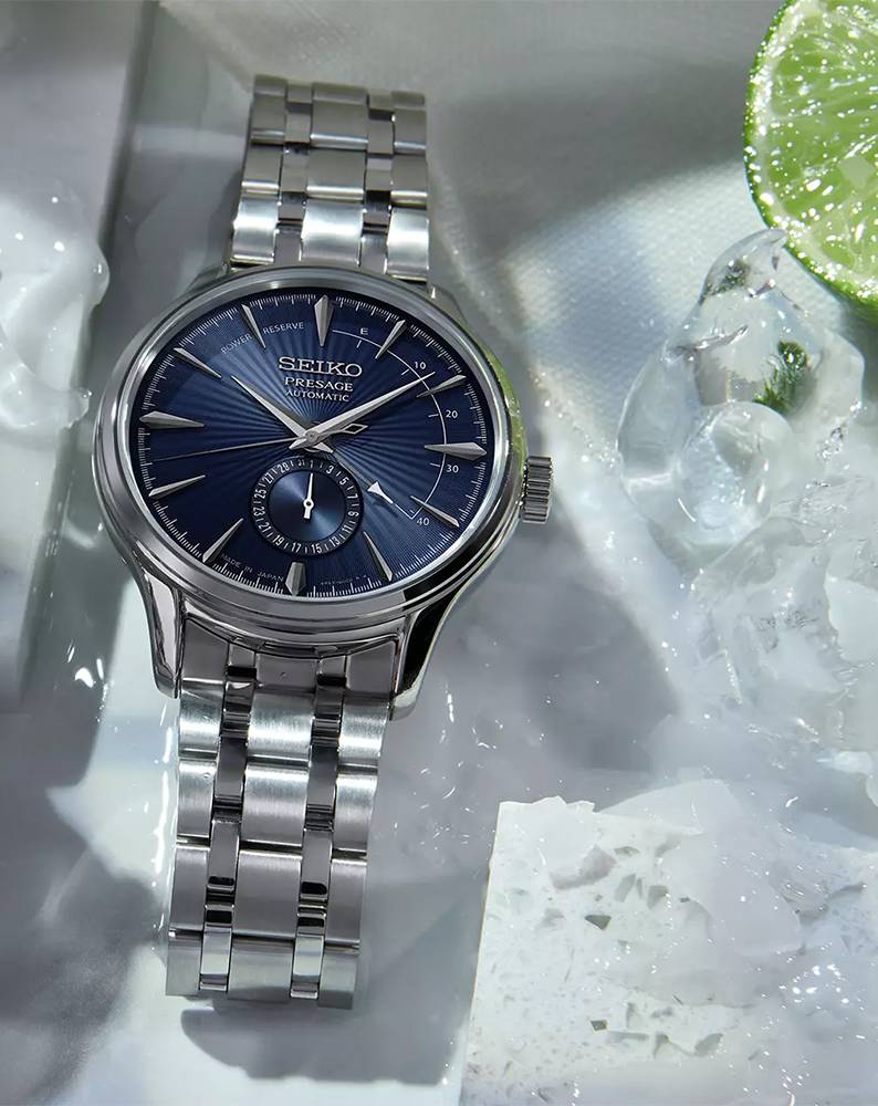Orologio Uomo Seiko Presage Automatico Power Reserve Data Blue Moon Cocktail Acciaio SSA347J1