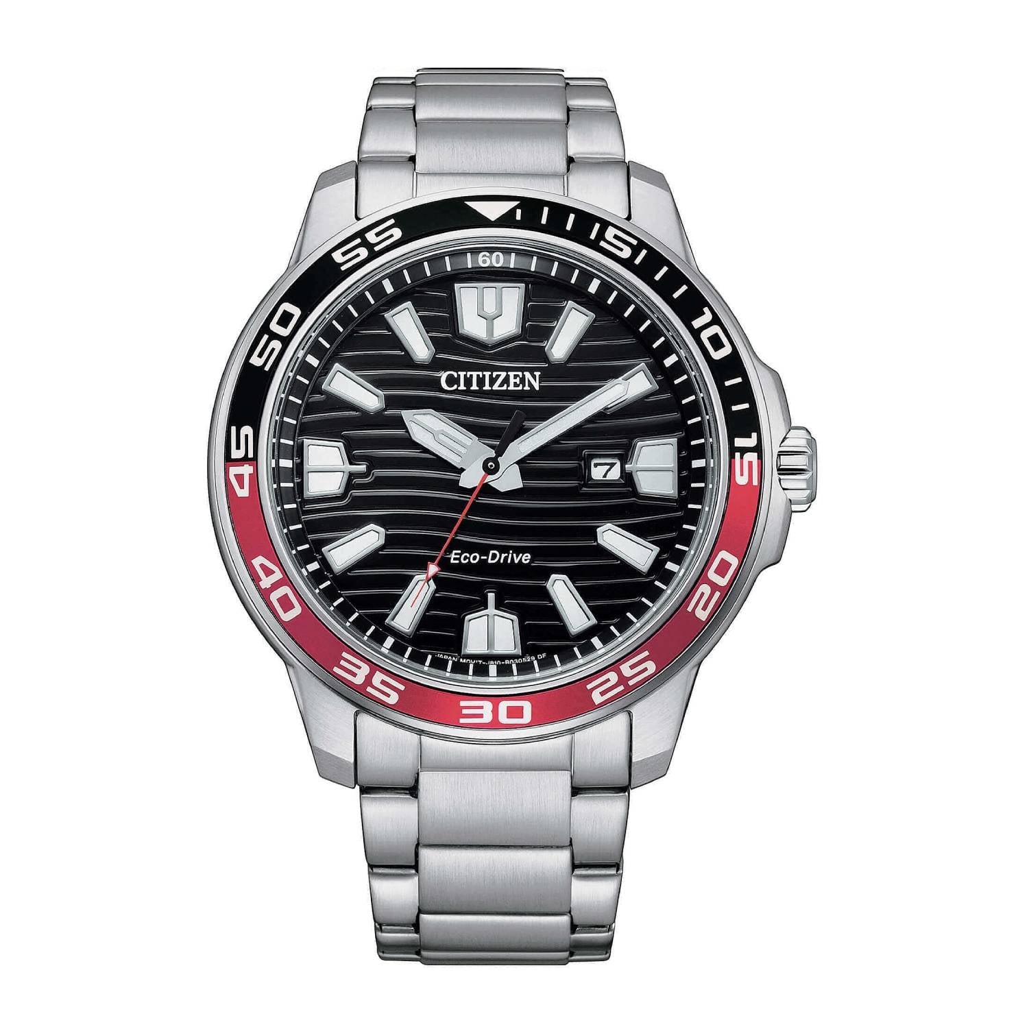 Orologio Uomo Acciaio CITIZEN 45mm Eco Drive Nero Data Solo Tempo Rosso Quarzo