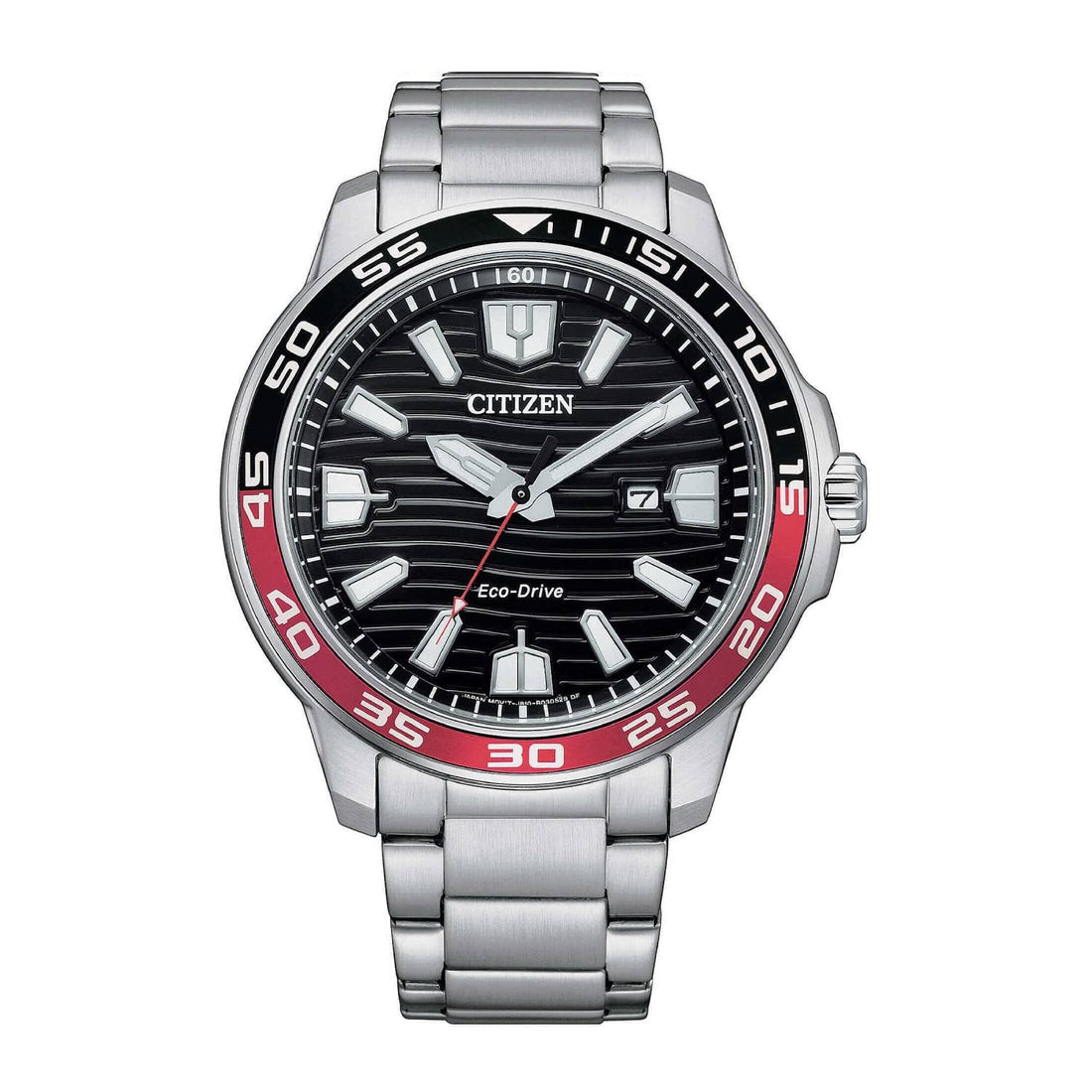 Orologio Uomo Acciaio CITIZEN 45mm Eco Drive Nero Data Solo Tempo Rosso Quarzo