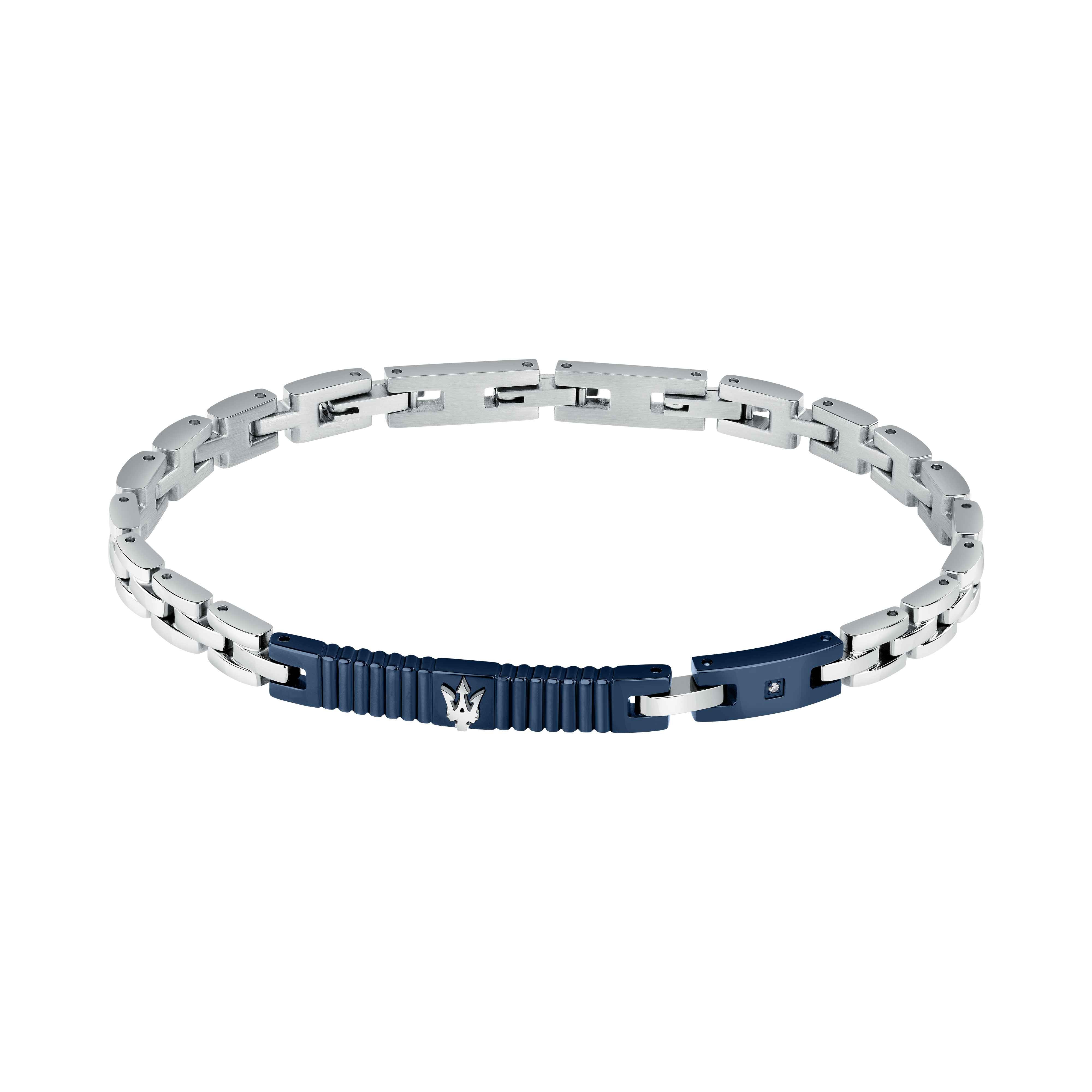 Bracciale Uomo Maserati Acciaio Bicolore Targhetta Diamante Logo Blu JM423ATY17