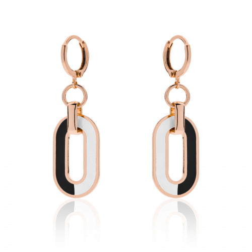 Orecchini Pendenti Bronzo Dorato Rosa Con Smalto Bianco E Nero 525620