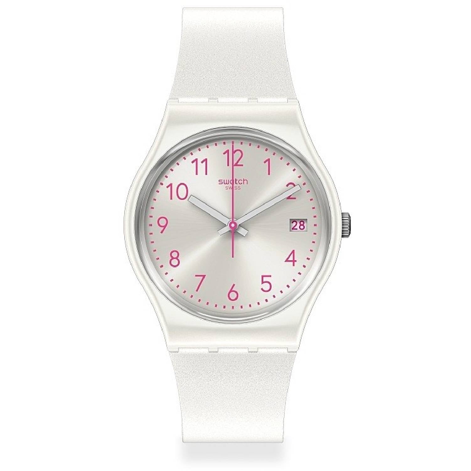 Orologio Donna Gomma Silicone Swatch Solo Tempo Quarzo Data Bianco Rosa GW411